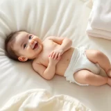 おむつ替えマットの上でにっこりする赤ちゃんのイメージ｜おむつかぶれのケアをするシーン