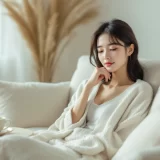 ソファでブランケットをかけて休む女性のイメージ｜妊娠初期の腹痛が気になるときに体を休めるシーン