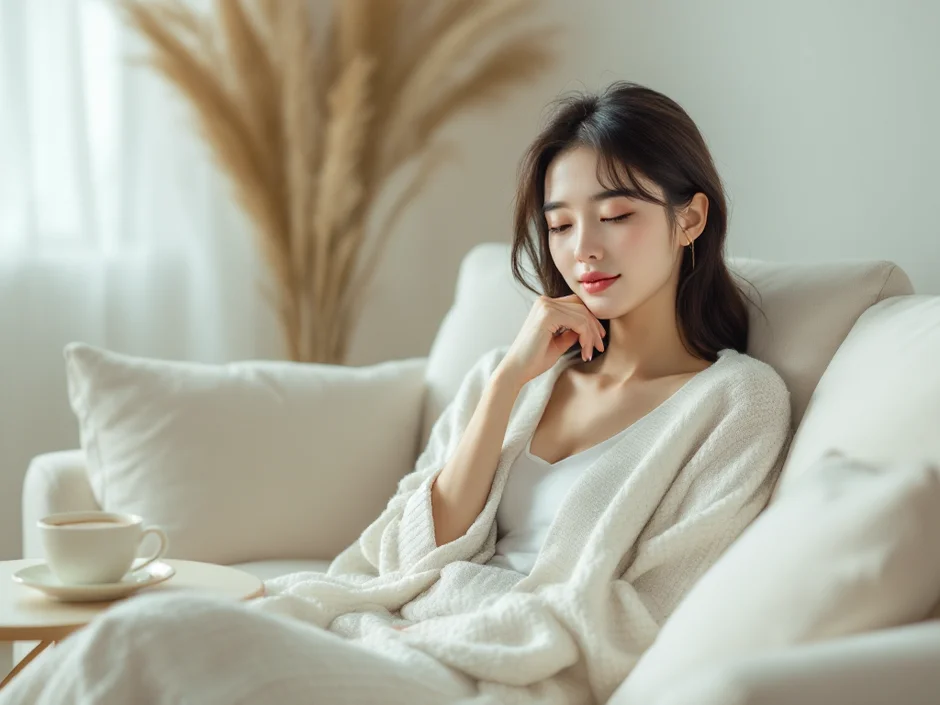 ソファでブランケットをかけて休む女性のイメージ｜妊娠初期の腹痛が気になるときに体を休めるシーン