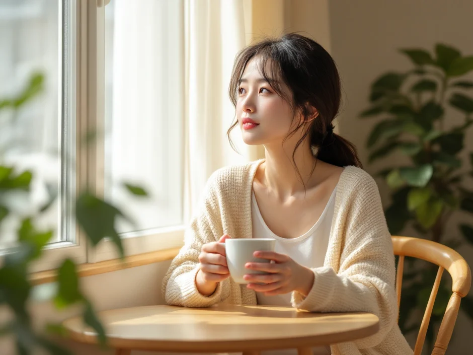朝の窓辺で温かいお茶を飲む女性のイメージ｜妊娠初期症状の体の変化に向き合うシーン