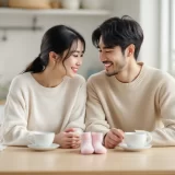 ピンクのベビー靴下を前に話し合う夫婦のイメージ｜女の子の産み分けを二人で考えるシーン