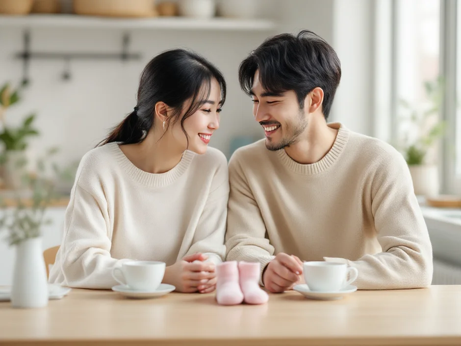 ピンクのベビー靴下を前に話し合う夫婦のイメージ｜女の子の産み分けを二人で考えるシーン