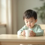 ストローで少しずつ水分をとる2歳くらいの子どものイメージ｜手足口病で口が痛いときの水分補給のシーン