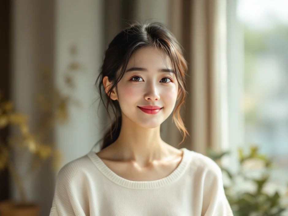 窓辺で落ち着いた表情の女性のイメージ｜子どもの手足口病を看病するシーン