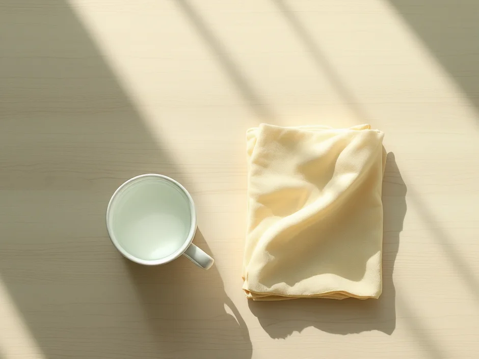 白いマグとガーゼのイメージ｜口が痛いときに少しずつ水分をとるシーン