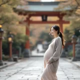 神社の参道をゆっくり歩く妊娠中の女性のイメージ｜戌の日の安産祈願に出かけるシーン