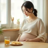 キッチンでクラッカーと水を前にひと息つく妊婦さんのイメージ｜後期つわりの吐き気をやり過ごすシーン