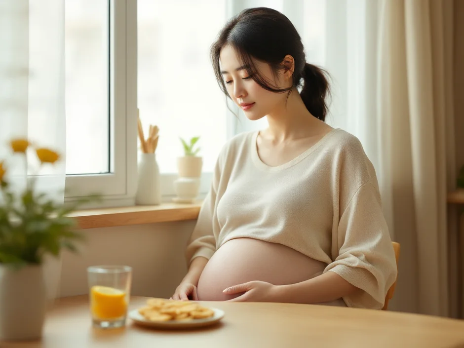 キッチンでクラッカーと水を前にひと息つく妊婦さんのイメージ｜後期つわりの吐き気をやり過ごすシーン