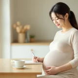 自宅でノートに書き込む妊婦さんのイメージ｜産休中のお金を計算するシーン