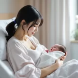 産院のベッドで涙ぐみながら赤ちゃんを抱くママのイメージ｜マタニティブルーで気持ちが揺れるシーン