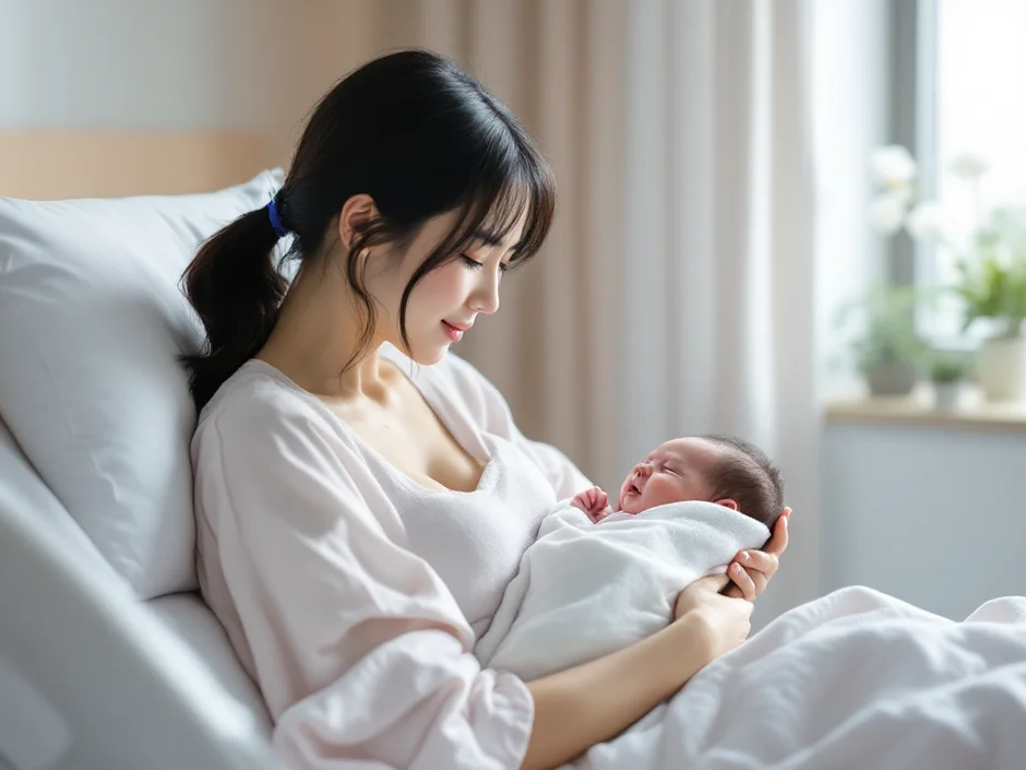 産院のベッドで涙ぐみながら赤ちゃんを抱くママのイメージ｜マタニティブルーで気持ちが揺れるシーン