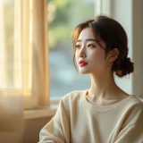 窓辺で穏やかな表情をした女性のイメージ｜新生児の眠りに向き合うシーン