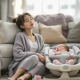 赤ちゃんのそばで床に座って目を閉じるママのイメージ｜育児ノイローゼで疲れ切っているシーン
