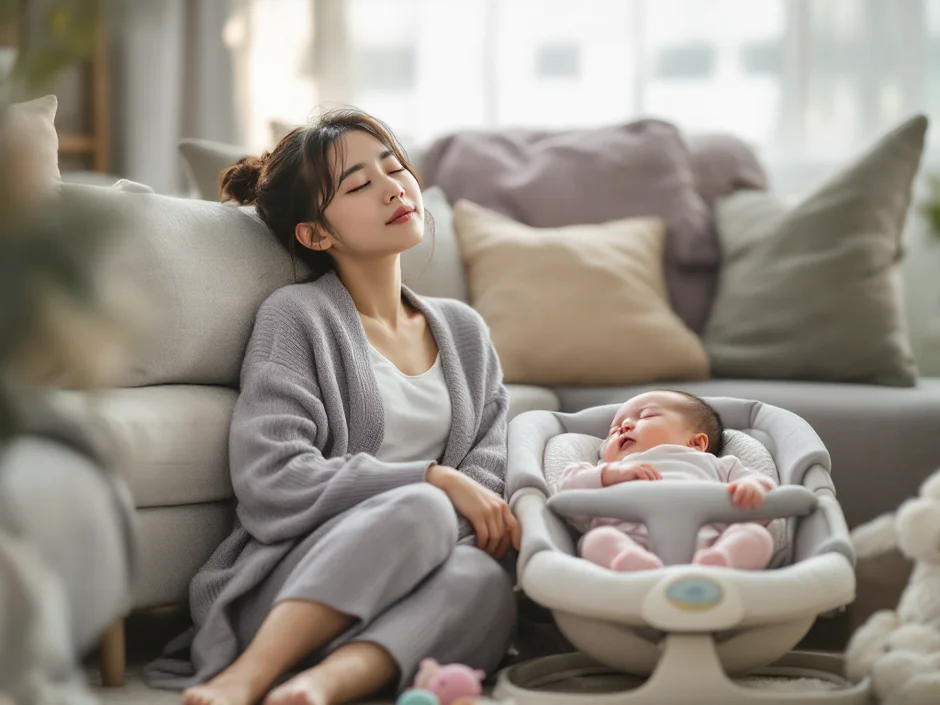 赤ちゃんのそばで床に座って目を閉じるママのイメージ｜育児ノイローゼで疲れ切っているシーン