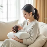 クッションで腰を支えて赤ちゃんを抱っこするママのイメージ|産後の腰痛をいたわるシーン