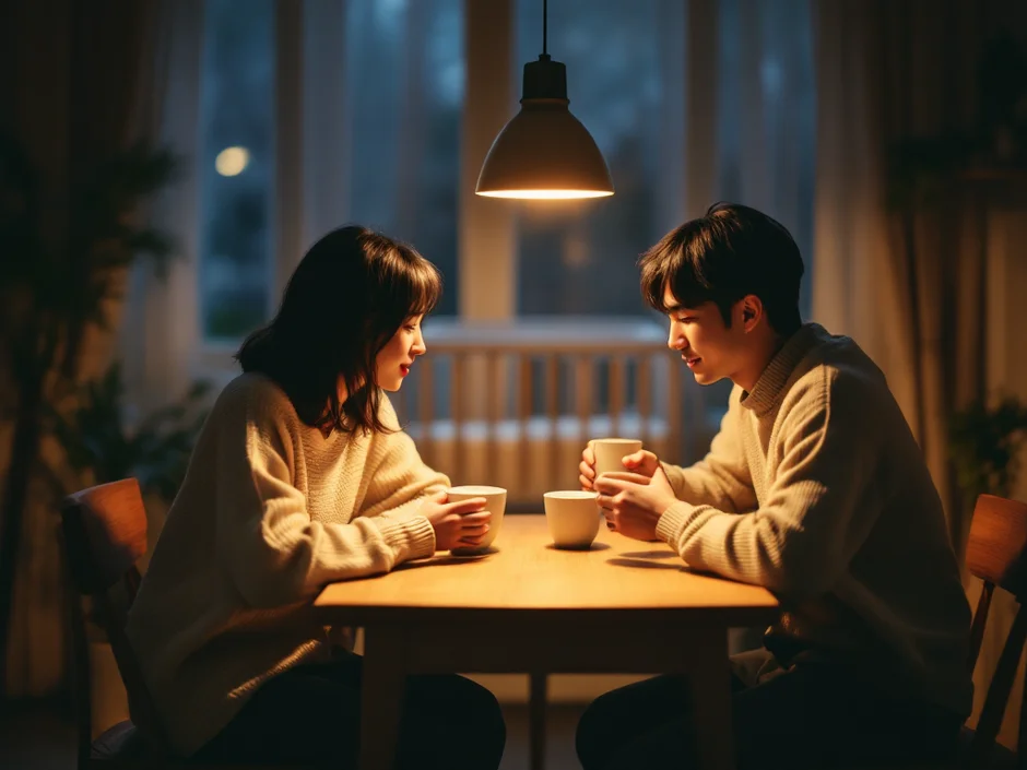 夜の食卓で向き合って話し合う夫婦のイメージ｜産後クライシスを二人で乗り越えるシーン