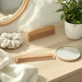 ブラシとヘアゴムが置かれた鏡台のイメージ｜産後の抜け毛をケアするシーン