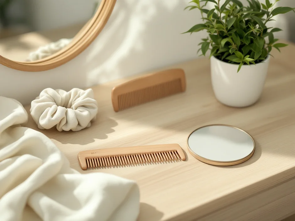 ブラシとヘアゴムが置かれた鏡台のイメージ｜産後の抜け毛をケアするシーン
