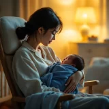 夜、ランプの明かりで赤ちゃんにミルクをあげるママのイメージ｜夜間授乳のシーン