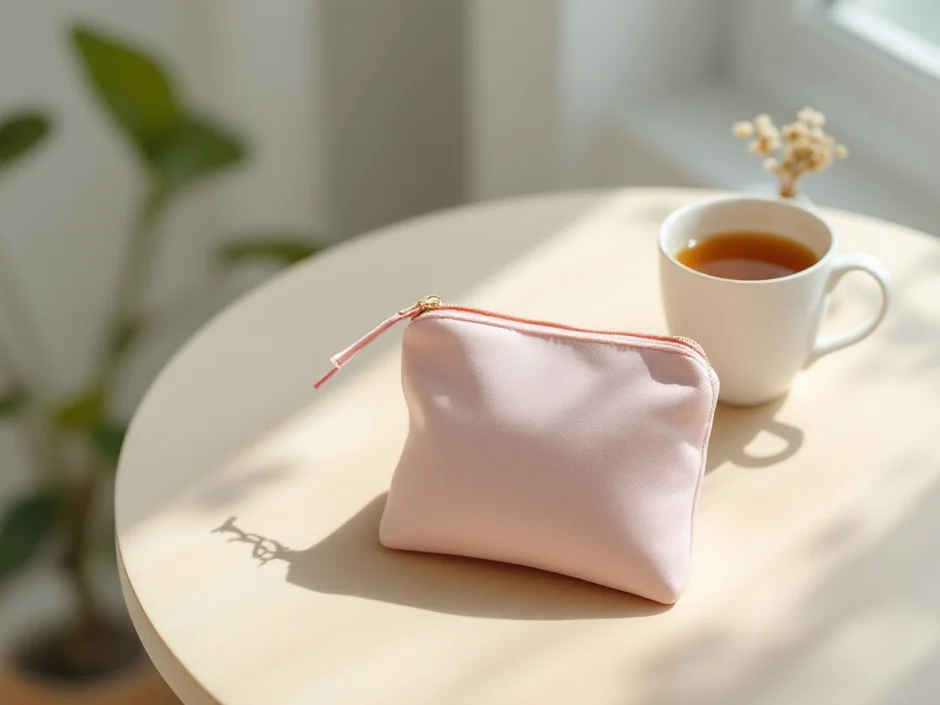 ポーチとハーブティーのイメージ｜産後の生理再開に備えるシーン