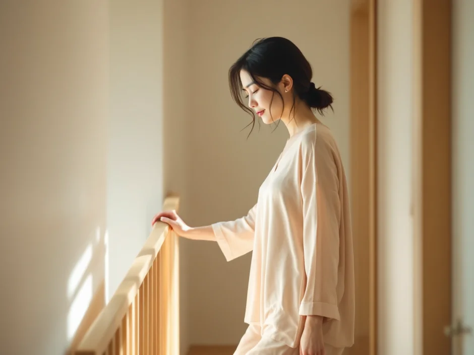 手すりにつかまってゆっくり歩くママのイメージ｜産後の恥骨痛で歩くのがつらいシーン
