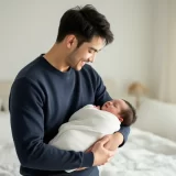 新生児を抱っこしてほほえむパパのイメージ｜産褥期にママが体を休められるよう家族が支えるシーン