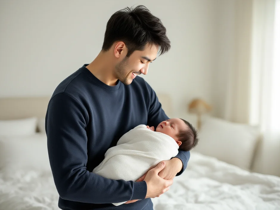 新生児を抱っこしてほほえむパパのイメージ｜産褥期にママが体を休められるよう家族が支えるシーン