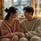 ソファで手をつないで穏やかに話す夫婦のイメージ｜産後のふたりの関係を話し合うシーン