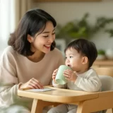 コップで飲む子どもを見守るママのイメージ｜断乳を進めるシーン