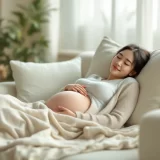 ソファで横向きに休む妊婦さんのイメージ｜お腹の張りを感じて横になるシーン