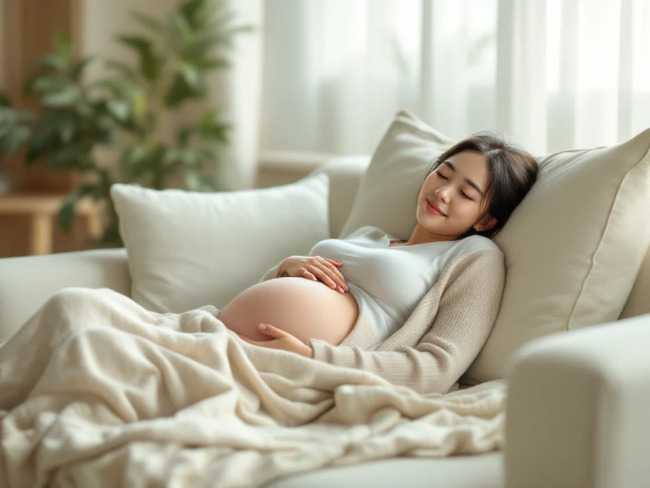 ソファで横向きに休む妊婦さんのイメージ｜お腹の張りを感じて横になるシーン