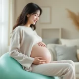 バランスボールに座って腰をほぐす妊婦さんのイメージ｜妊娠中の腰痛をセルフケアするシーン