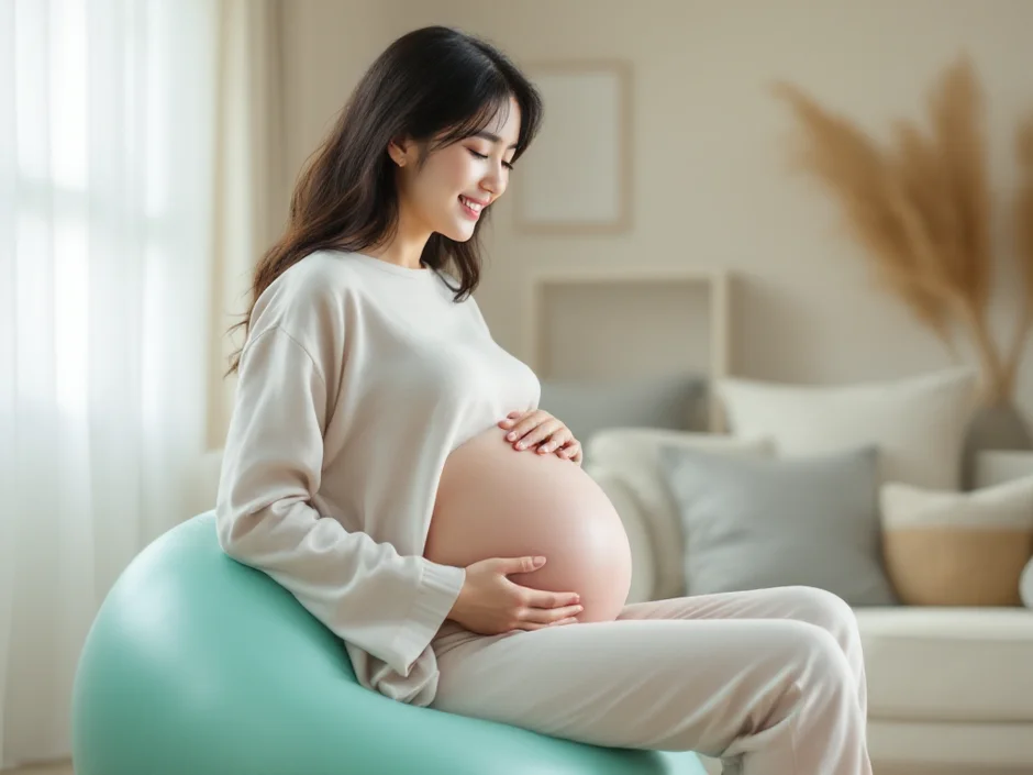 バランスボールに座って腰をほぐす妊婦さんのイメージ｜妊娠中の腰痛をセルフケアするシーン