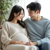 ソファで寄り添う妊娠後期の妻と夫のイメージ｜立ち会い出産について二人で話すシーン