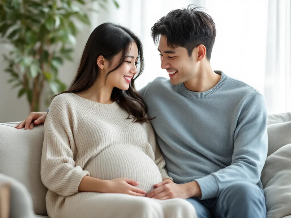 ソファで寄り添う妊娠後期の妻と夫のイメージ｜立ち会い出産について二人で話すシーン