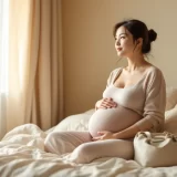 朝のベッドで入院バッグを横にお産を待つ妊婦さんのイメージ|おしるしがあったときのシーン