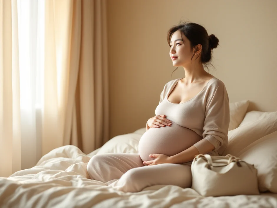 朝のベッドで入院バッグを横にお産を待つ妊婦さんのイメージ｜おしるしがあったときのシーン
