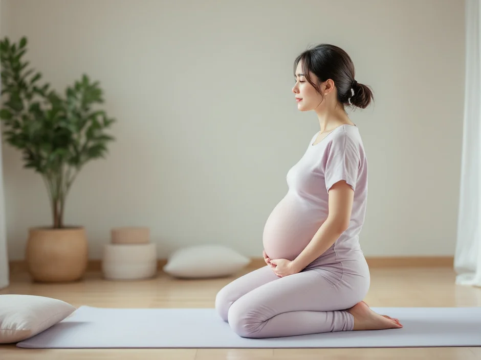 ヨガマットの上で姿勢を整える妊婦さんのイメージ｜逆子が気になるときのシーン