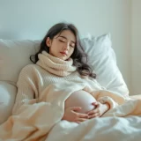 マフラーを巻いてベッドで休む妊婦さんのイメージ｜妊娠中に風邪をひいたときのシーン
