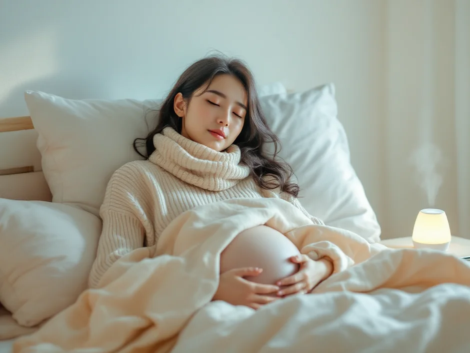 マフラーを巻いてベッドで休む妊婦さんのイメージ｜妊娠中に風邪をひいたときのシーン