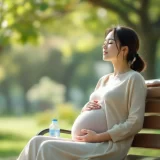 公園のベンチで座って休む妊婦さんのイメージ｜妊娠中のめまいで休むシーン