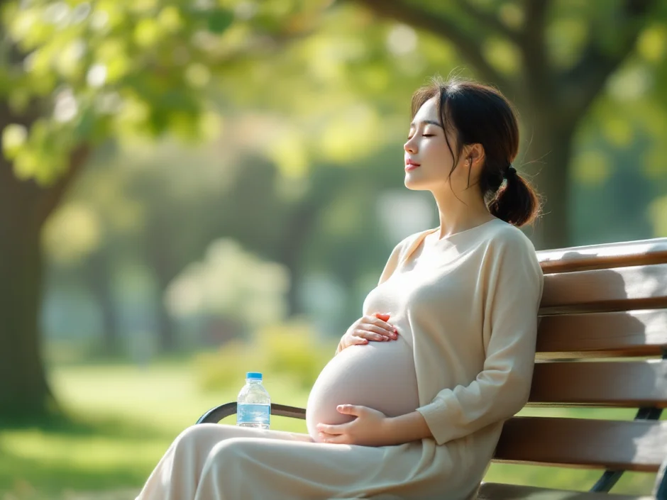 公園のベンチで座って休む妊婦さんのイメージ｜妊娠中のめまいで休むシーン