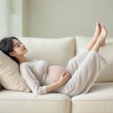 クッションに足をのせて休む妊婦さんのイメージ｜妊娠中のむくみをやわらげるシーン