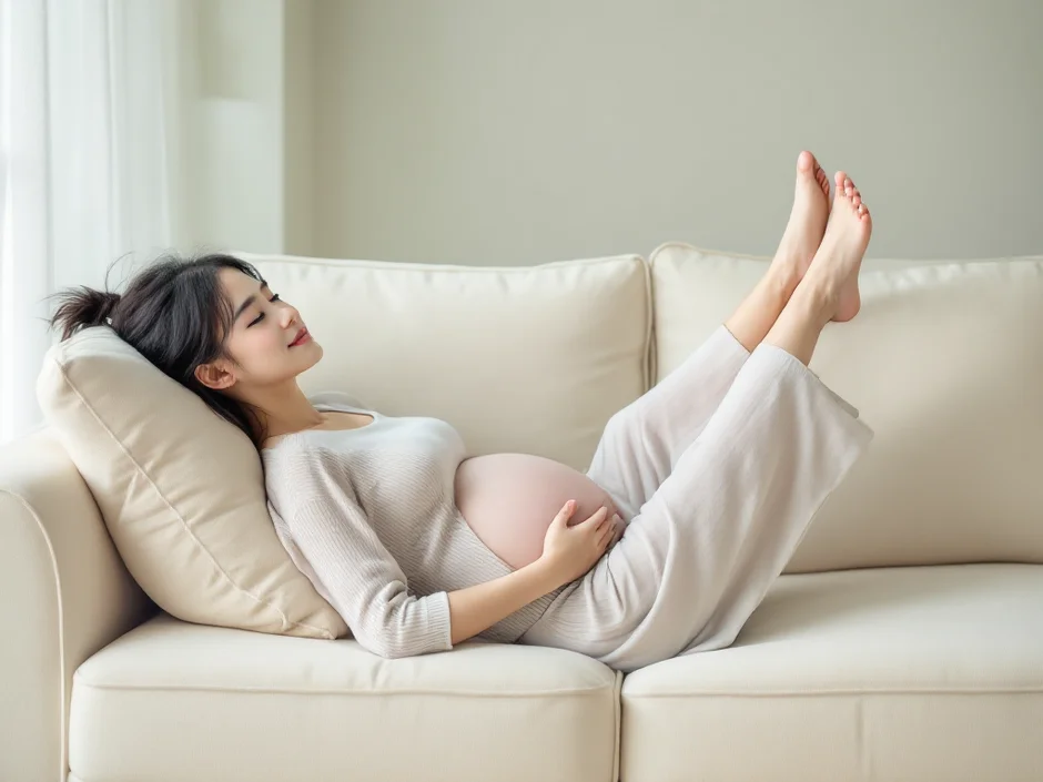 クッションに足をのせて休む妊婦さんのイメージ｜妊娠中のむくみをやわらげるシーン