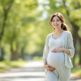 公園をゆっくりウォーキングする妊娠中の女性のイメージ｜妊娠中の運動を楽しむシーン