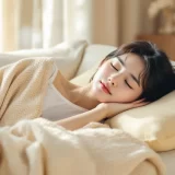 ソファでブランケットをかけて昼寝をする女性のイメージ｜妊娠初期のだるさで体を休めるシーン