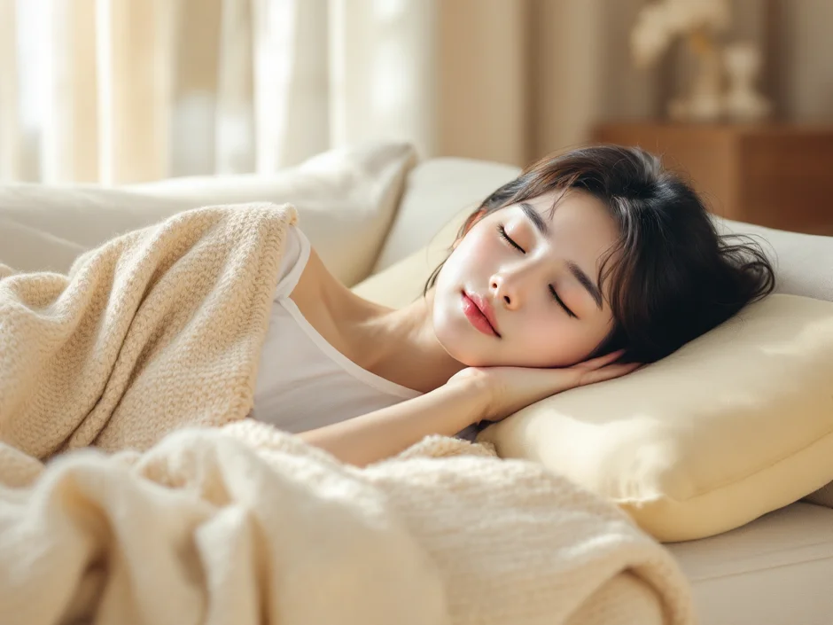 ソファでブランケットをかけて昼寝をする女性のイメージ｜妊娠初期のだるさで体を休めるシーン