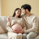 おなかに耳を寄せて胎動を感じる夫婦のイメージ｜胎動を一緒に楽しむシーン