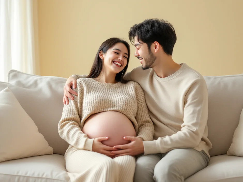 おなかに耳を寄せて胎動を感じる夫婦のイメージ｜胎動を一緒に楽しむシーン