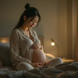 夜中にベッドから起き上がる妊婦さんのイメージ｜妊娠中にトイレが近くなるシーン